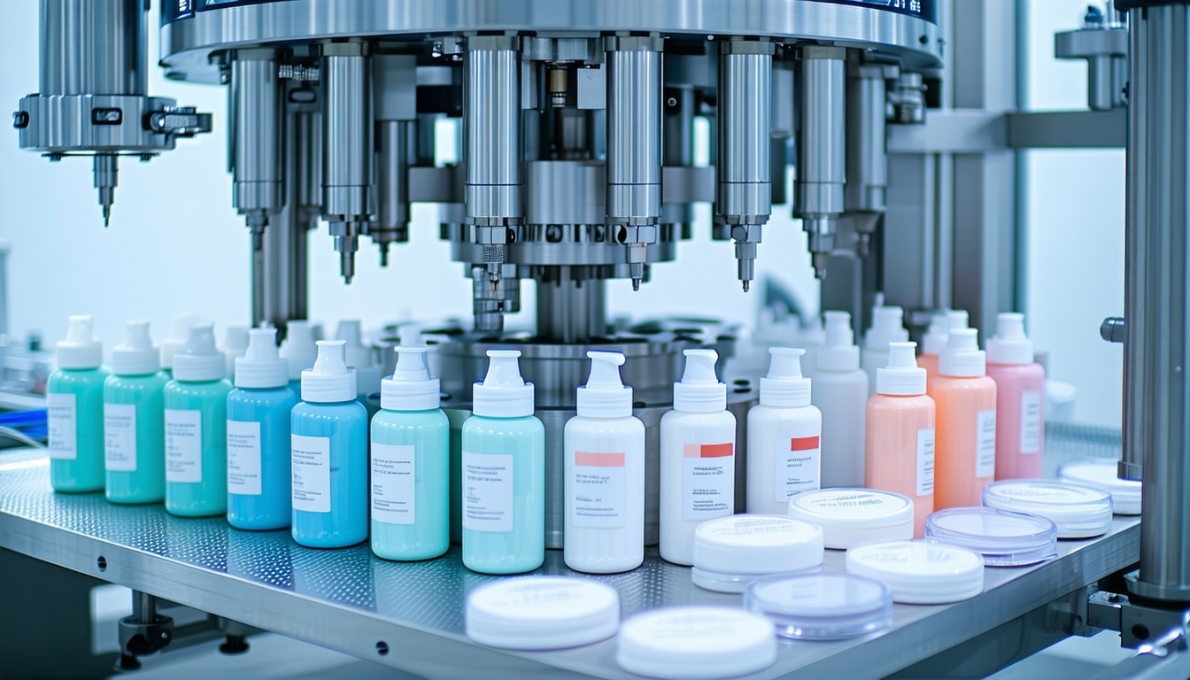 Hightech production line for body creams and cosmetic care products Automated filling systems fill colors cream tubes and jars