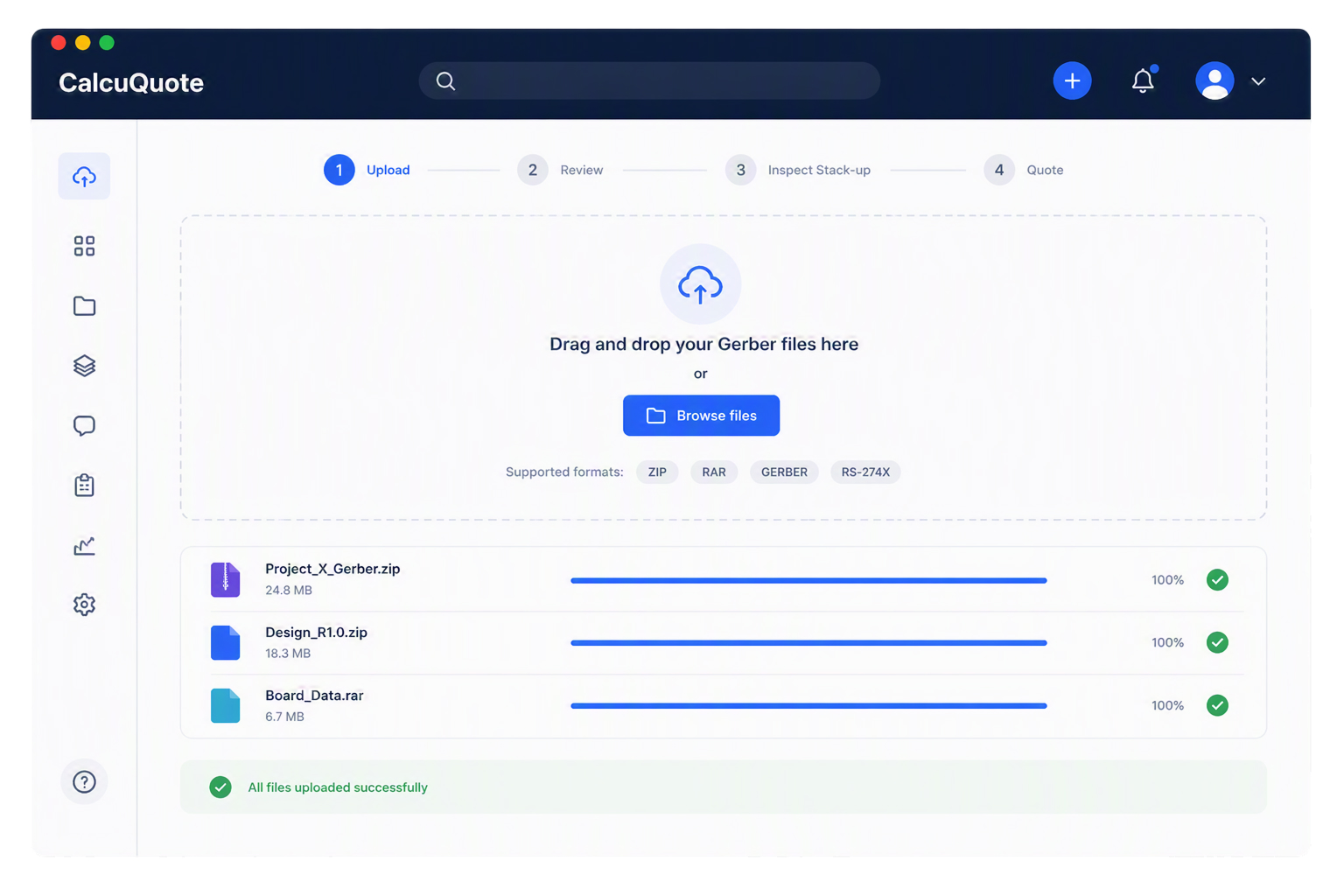Upload Gerber files and view the board