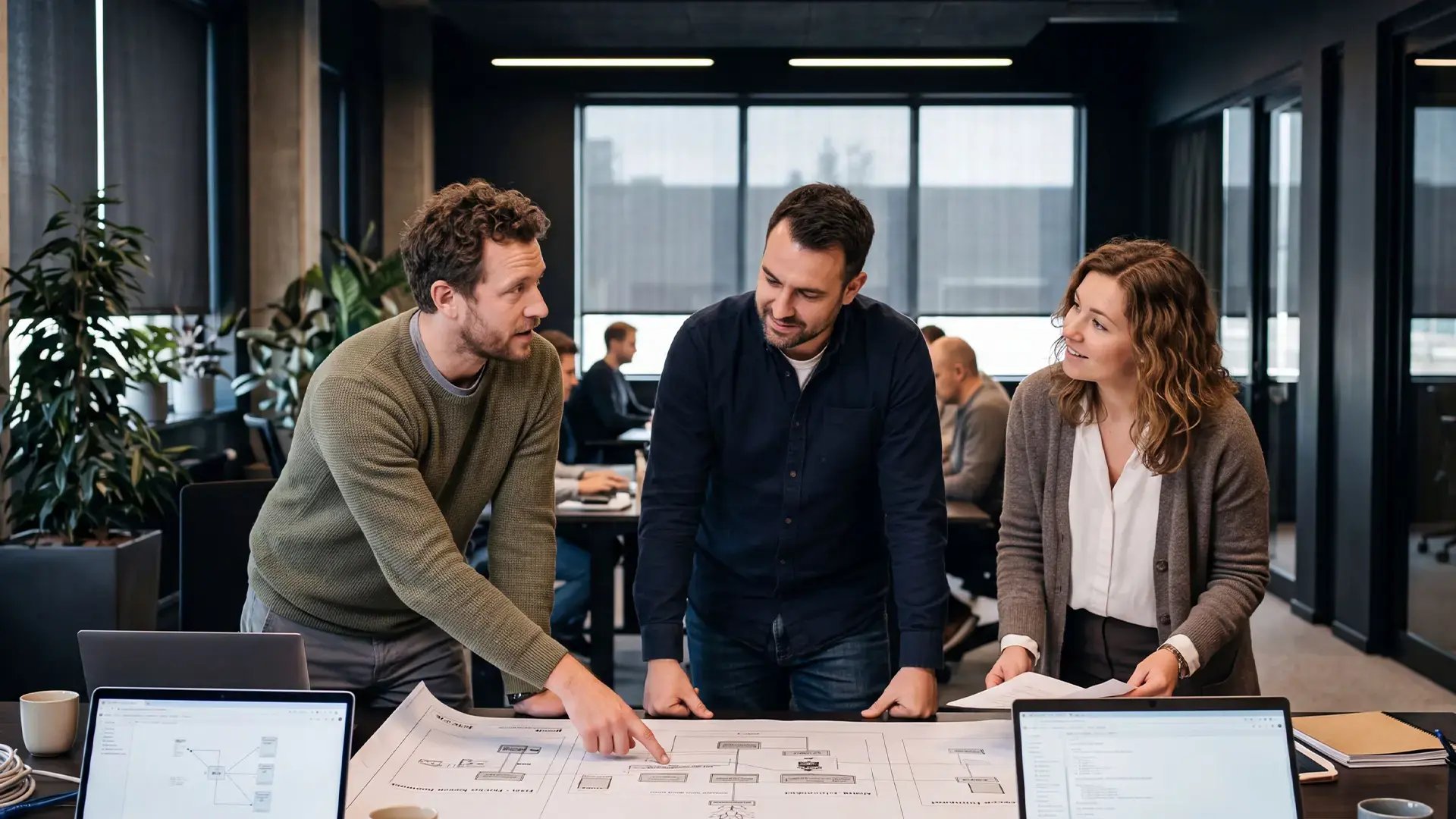 A team of skilled telecom engineers discussion service assurance and and 5G analytics