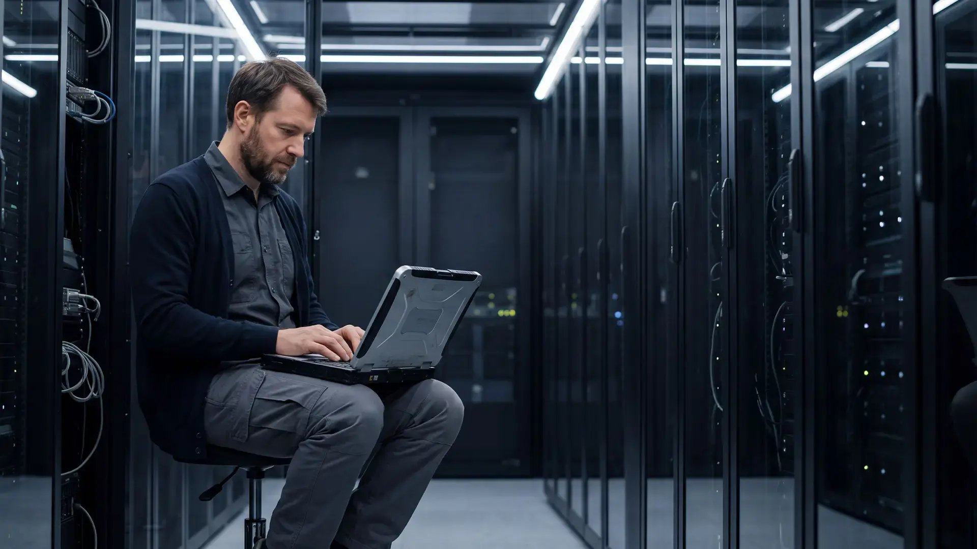 A telecom engineer working on his laptop in a server room
