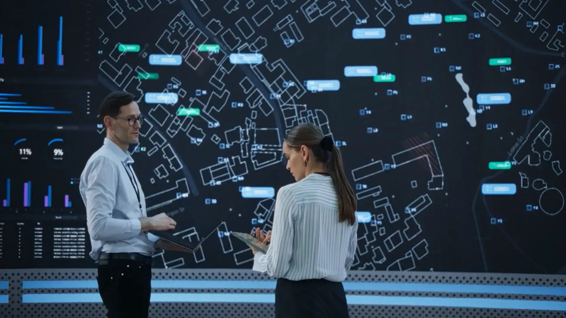 Two telecom engineer in front of a screen showing geolocated data