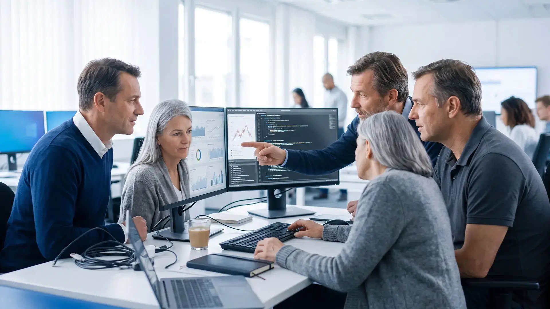Senior telecom engineers working together to detect suspicious activities