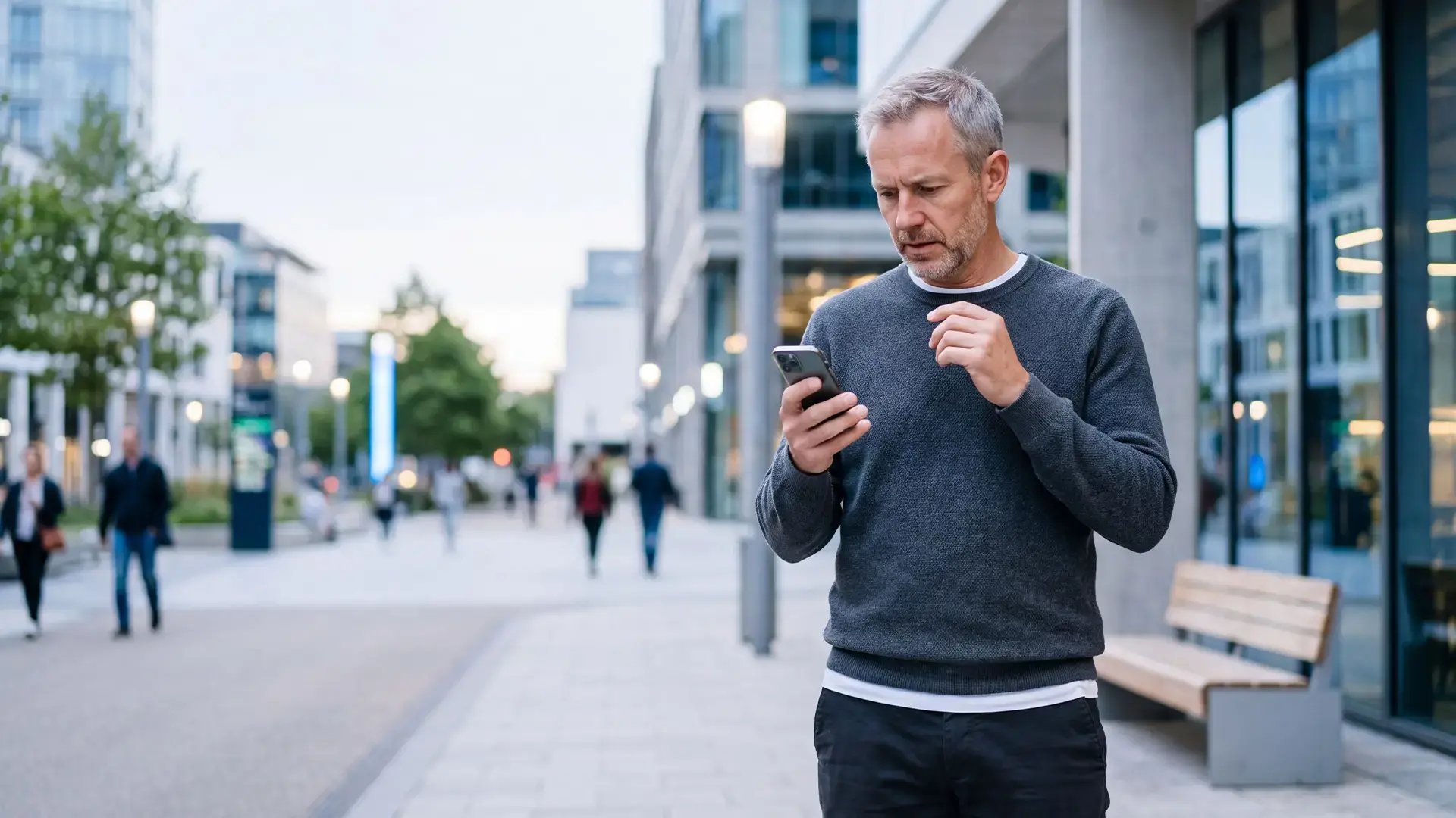 A middle-aged man reading a suspicious SMS