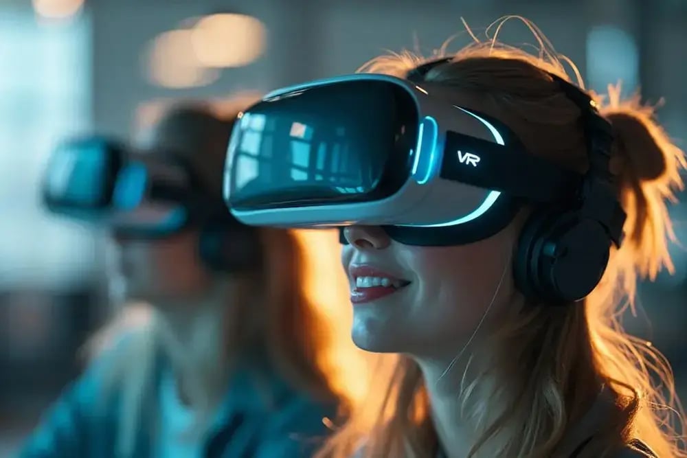 Young woman in VR glasses using 5G SA network service