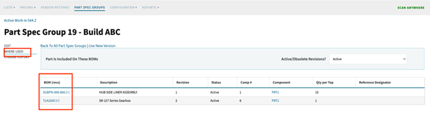 n Cetec ERP, each part spec group includes a “Where Used” view, making it easy to trace which builds are tied to that group for visibility and planning.