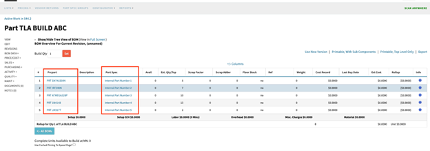 A BOM overview in Cetec ERP showing manufacturing part numbers (MPNs) used in the build, alongside internal part numbers (IPNs) referenced through the part spec group.&nbsp;