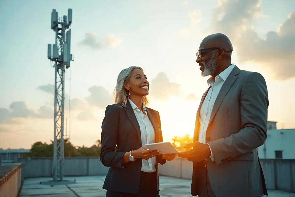 Telecom Industry professionals in Florida with a Base Station in the background