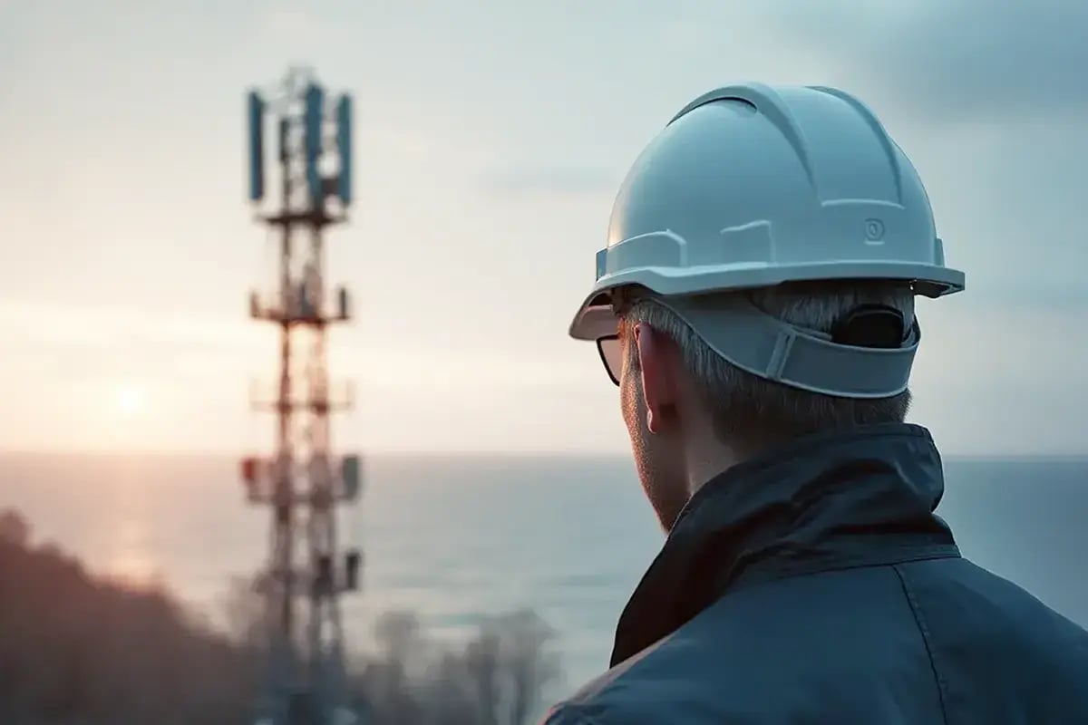 Telecom Engineer in helmet looking a base station with sea view in the background