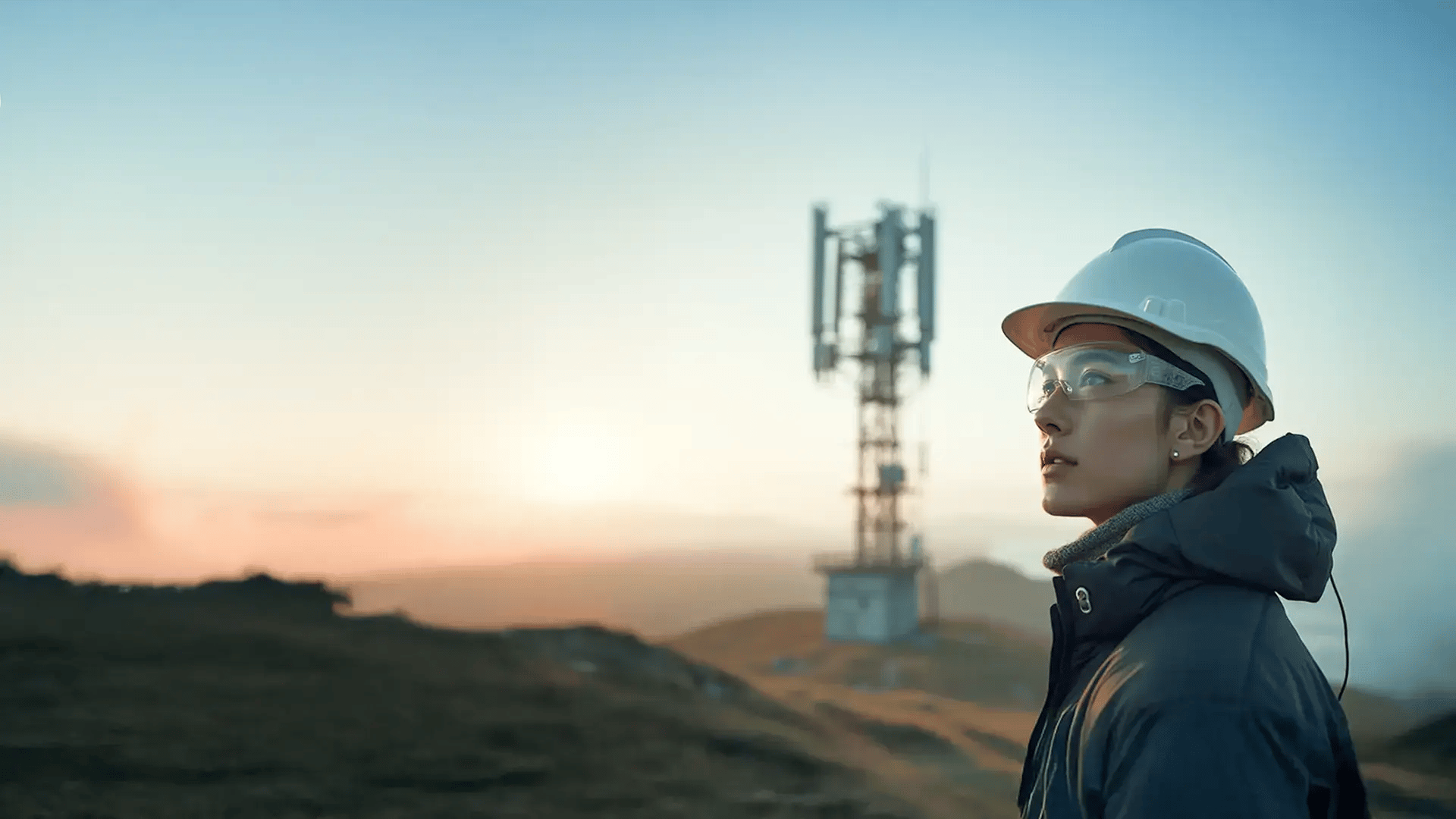 Woman telecom engineer with helmet with a telecom base station tower in the background