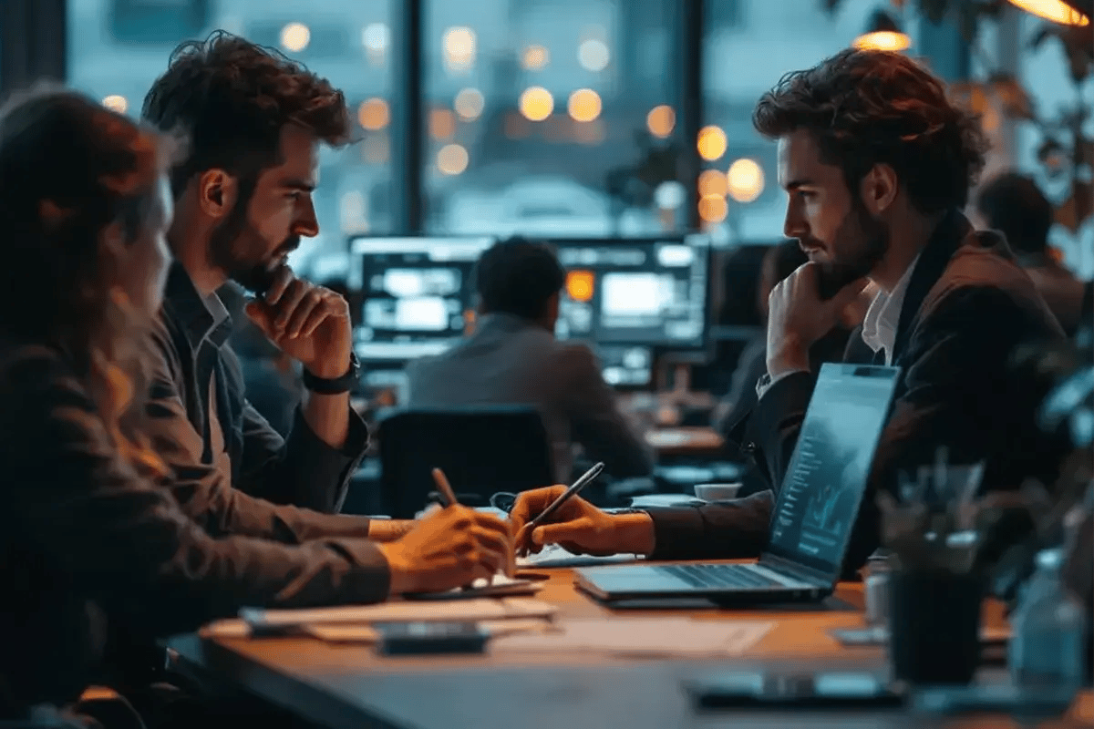 Data Engineers discussing around a table in the office