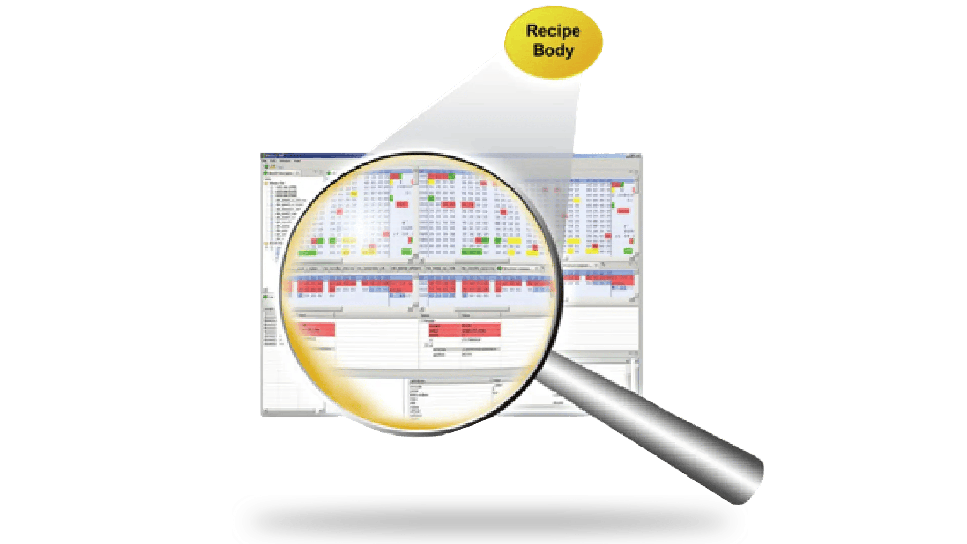 Magnified view of the LineWorks RM Recipe Object Structure Interpreter (ROSI), highlighting detailed recipe body analysis and structure interpretation.