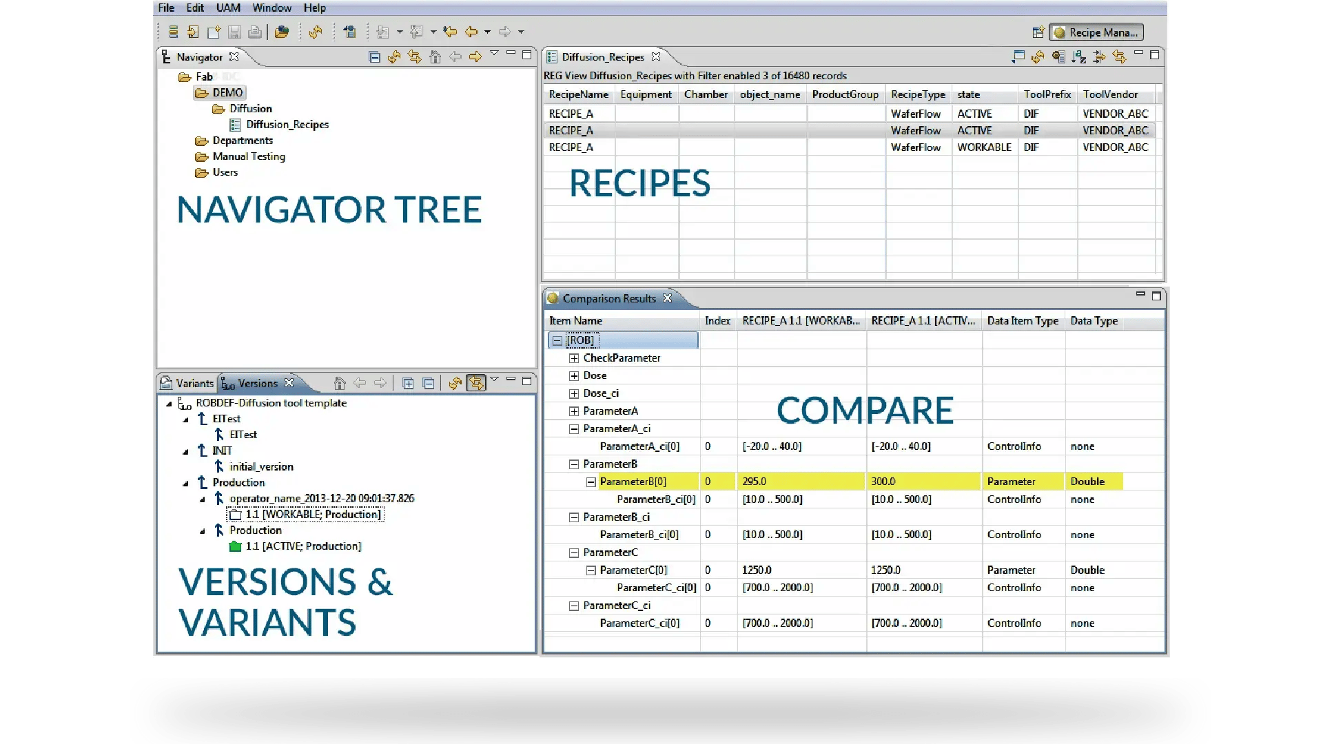 LineWorks RM interface showcasing navigator tree, recipe versions, variants, and parameter comparison for continuous improvement in recipe management.