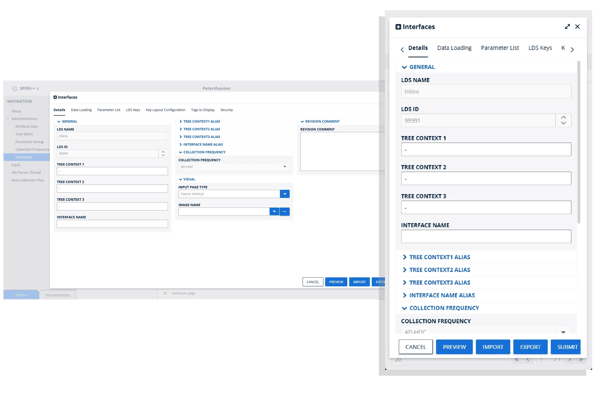 Smart Context Key Configuration Panel – A user interface for managing tree context aliasing, interface naming, and collection frequency settings in LineWorks SPISE++. Administrators can customize data collection interfaces to fit their operational requirements.