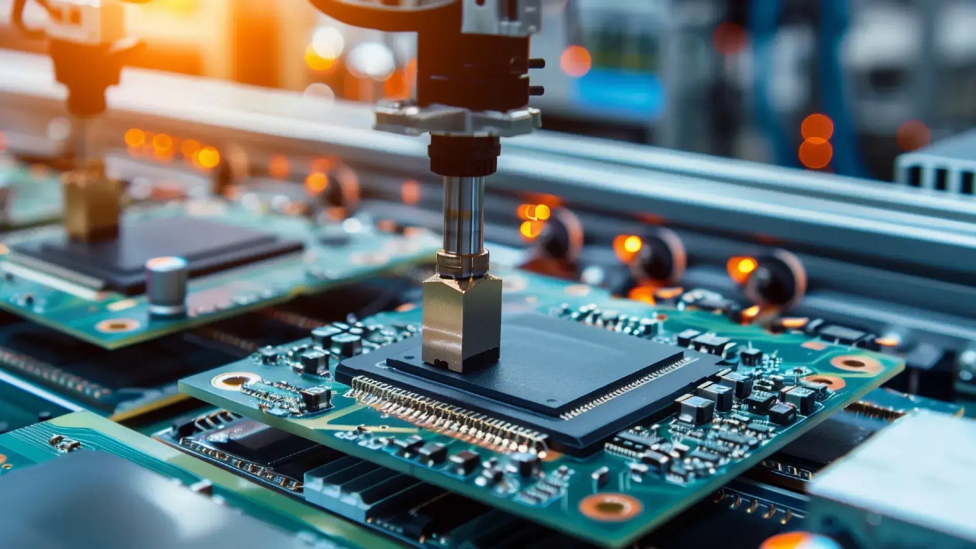 Close-up of a robotic arm installing a microchip on a circuit board, highlighting precision electronics assembly in a high-tech manufacturing environment.