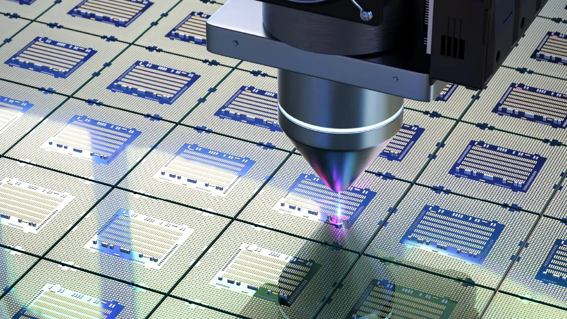 Close-up of a high-precision laser directed onto a printed circuit board, representing manufacturing or quality control in electronics production.
