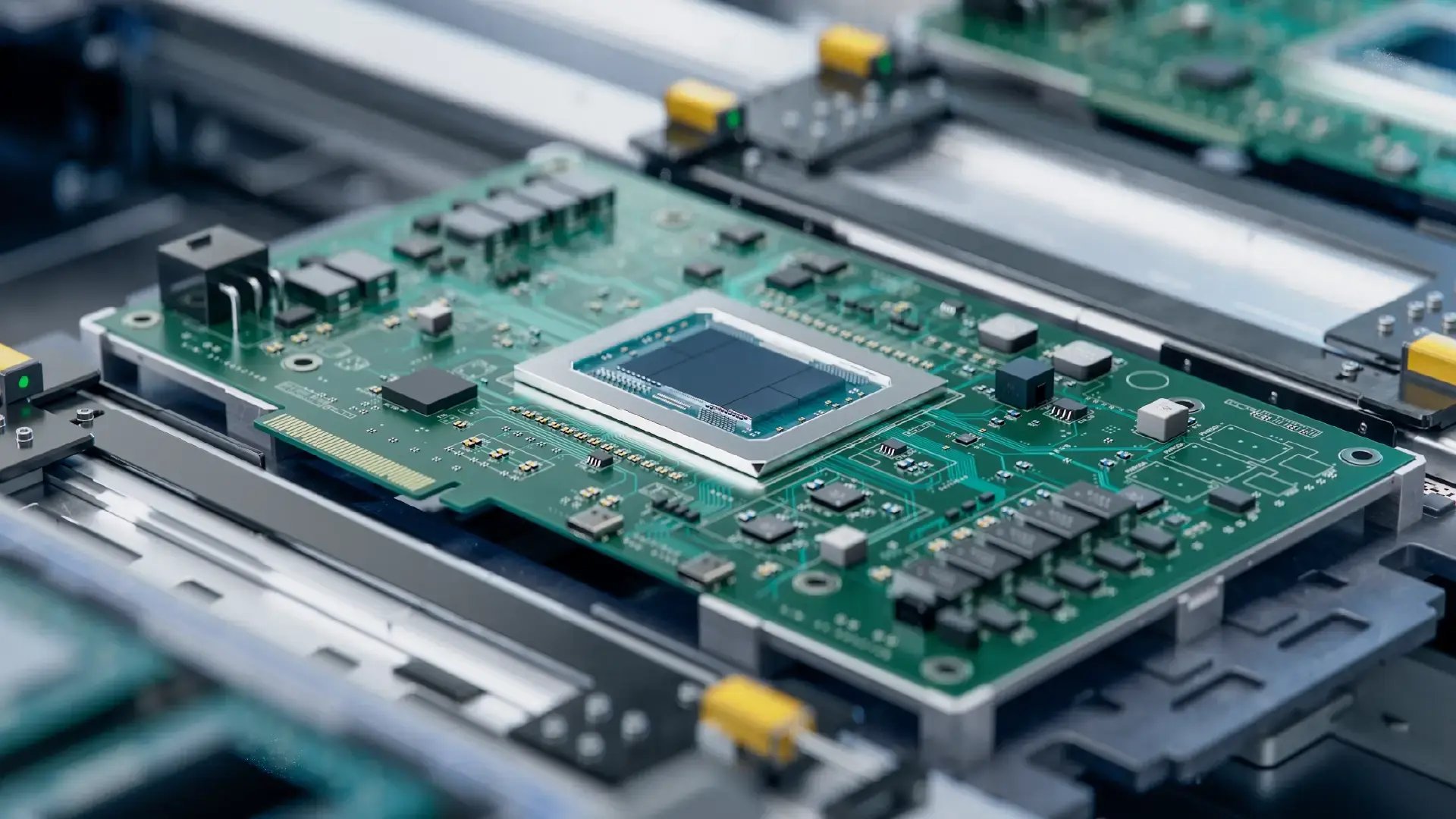 Close-up of a green circuit board with electronic components, a CPU chip, metal connectors, and attached cables, representing electronics hardware and technology.