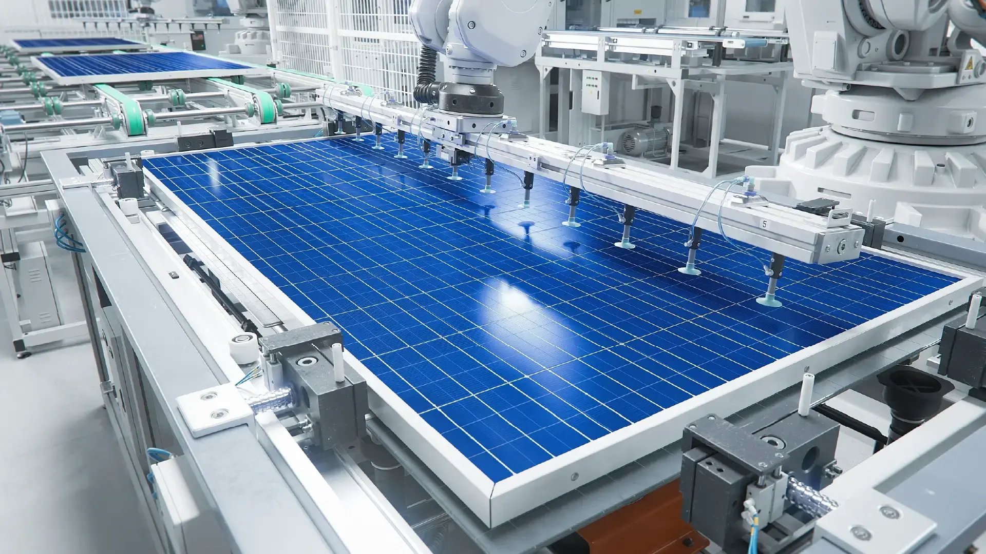 An industrial setting where a series of solar panels are being assembled or tested on a large, automated production line.