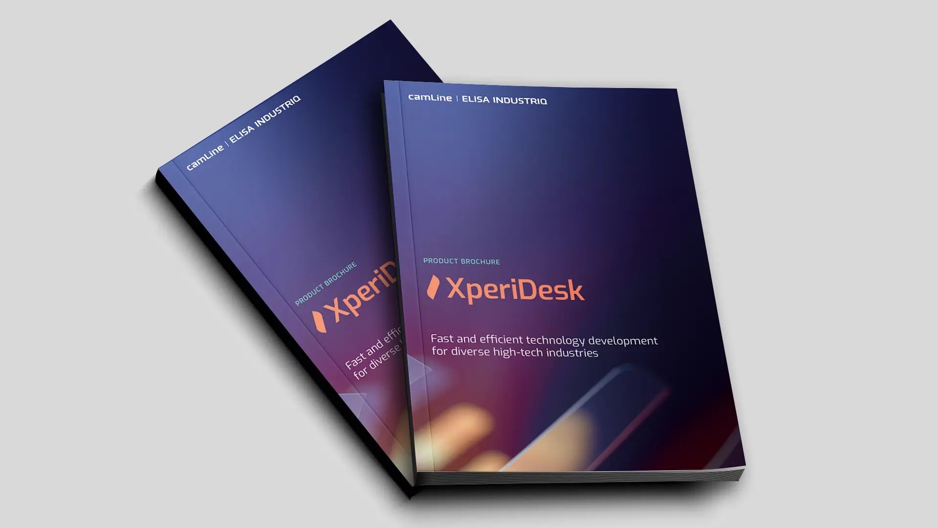Two XperiDesk product brochures with a modern purple and pink geometric design, highlighting fast and efficient technology development for diverse high-tech industries.
