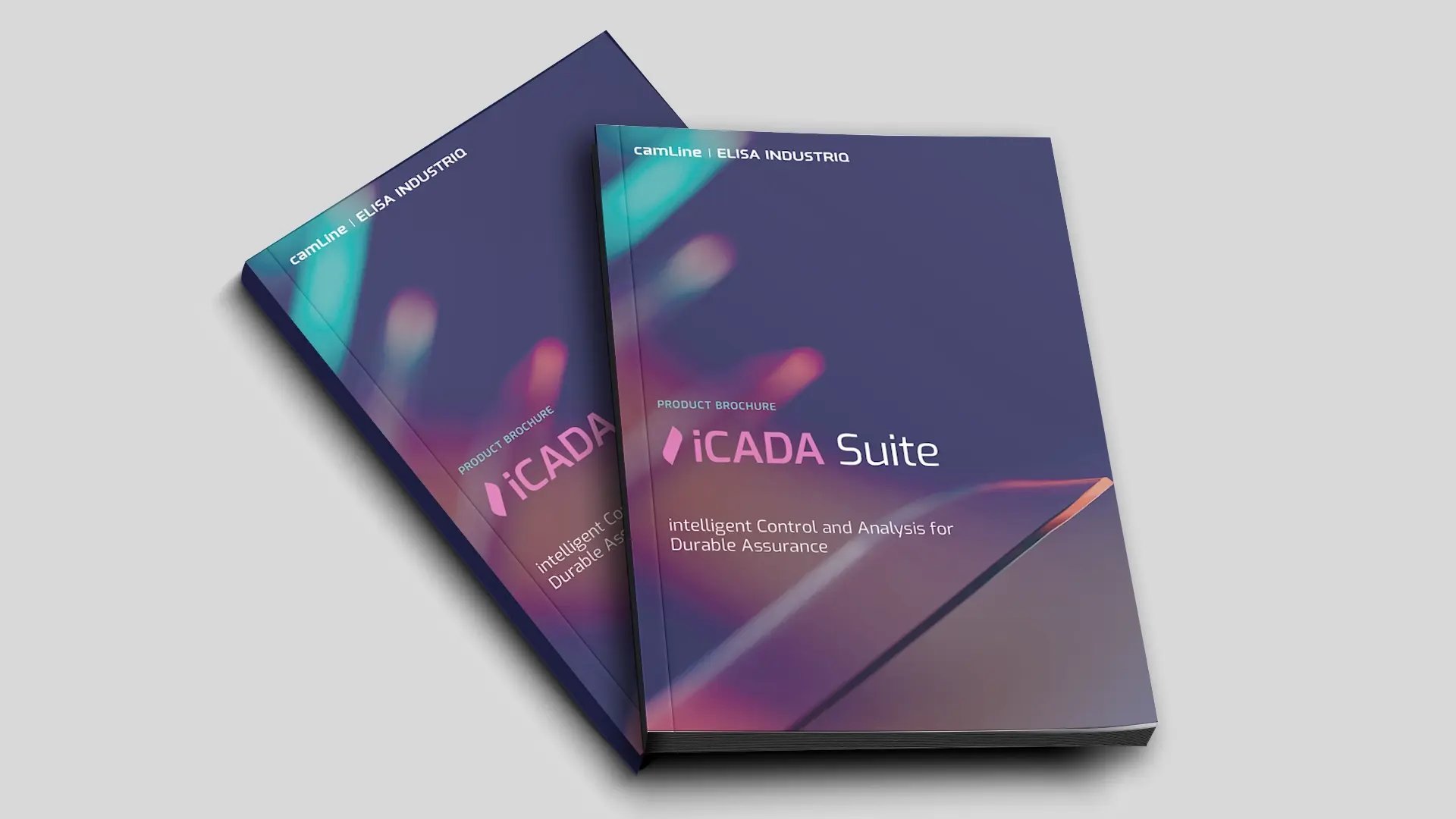 iCADA Suite product brochures with a blue geometric cover design, highlighting intelligent control and analysis for durable assurance.