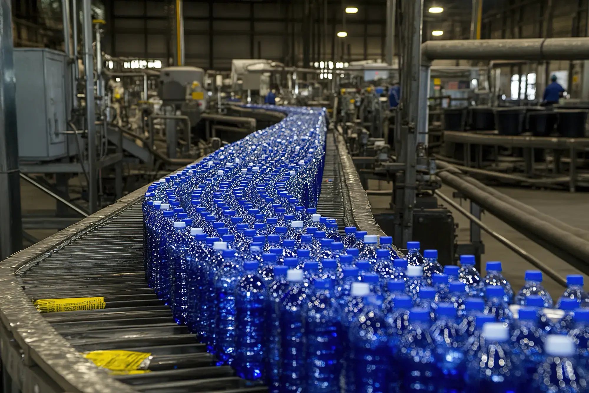 conveyor-belt-carrying-blue-plastic-bottles-beverage-bottling-plant