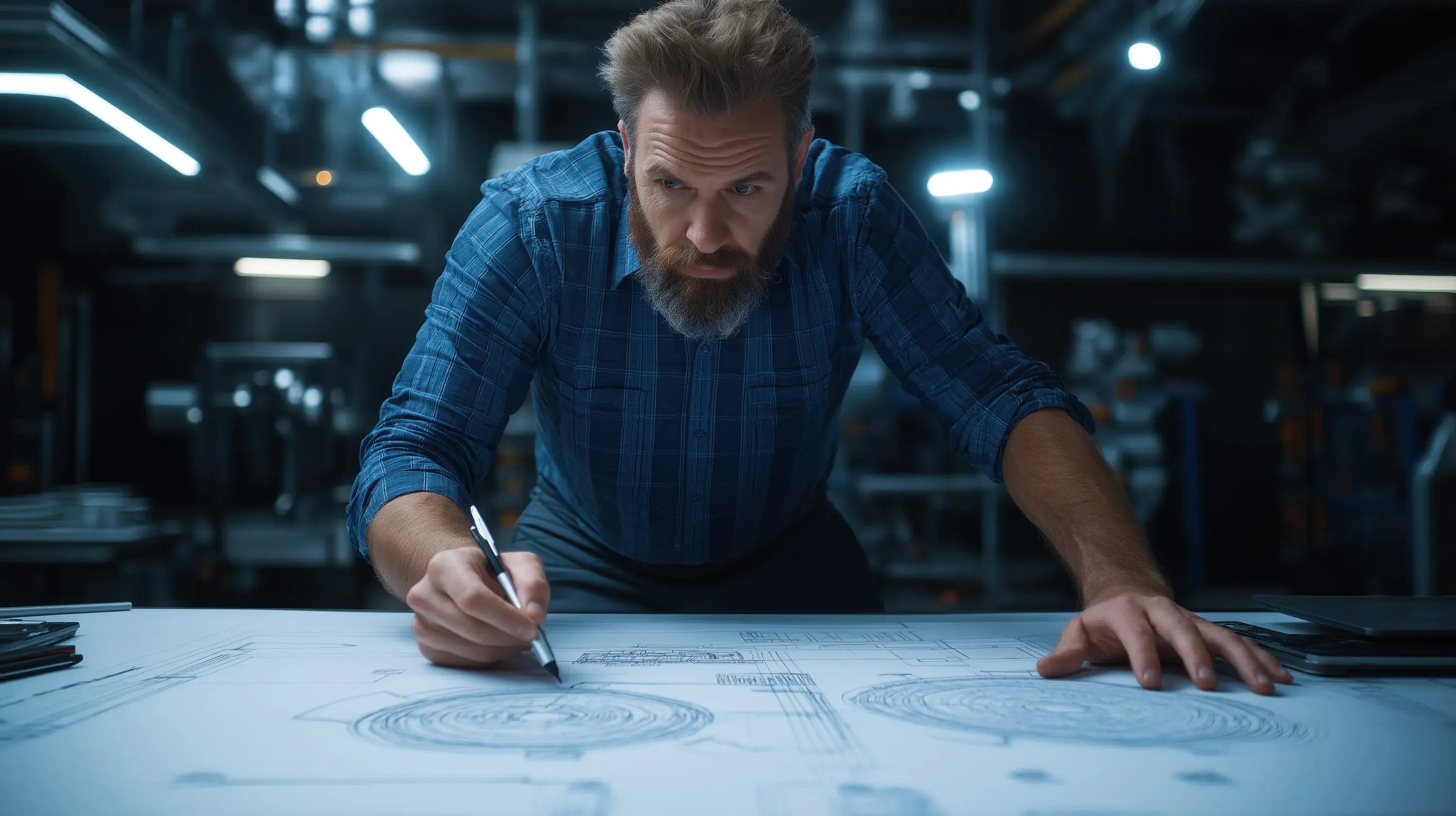 workshop-illuminated-by-soft-overhead-lights-engineer-concentrates-detailed-sketches