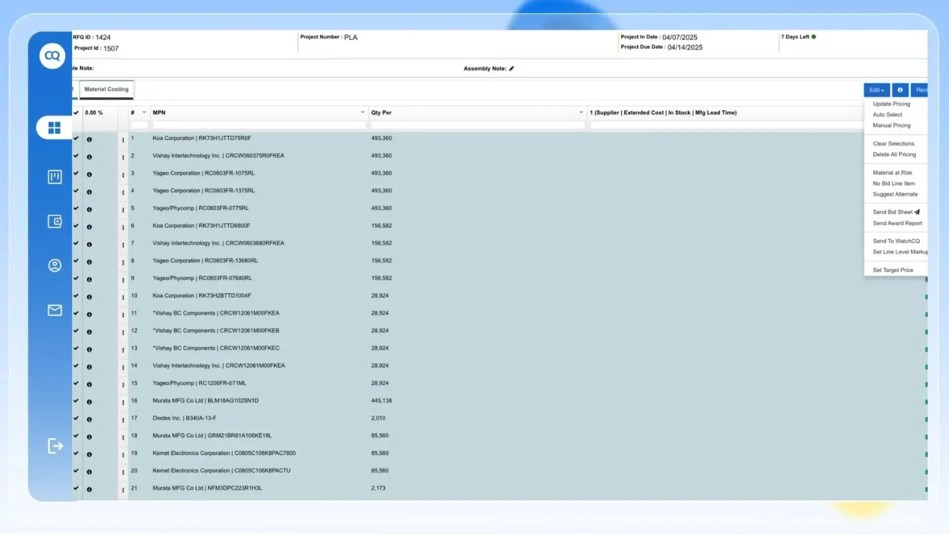 CalcuQuote award suppliers on screen