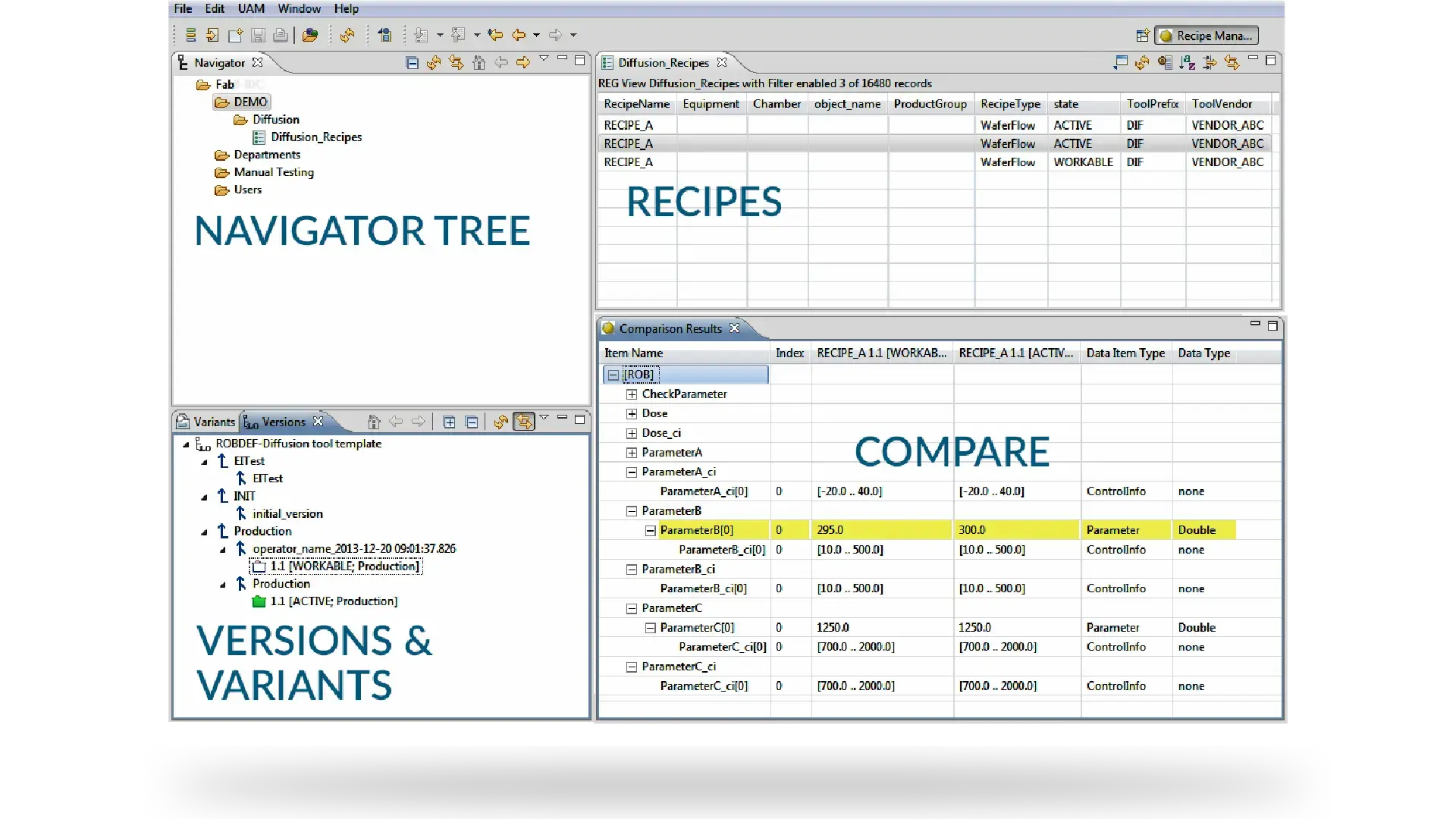 LineWorks RM interface showcasing navigator tree, recipe versions, variants, and parameter comparison for continuous improvement in recipe management.