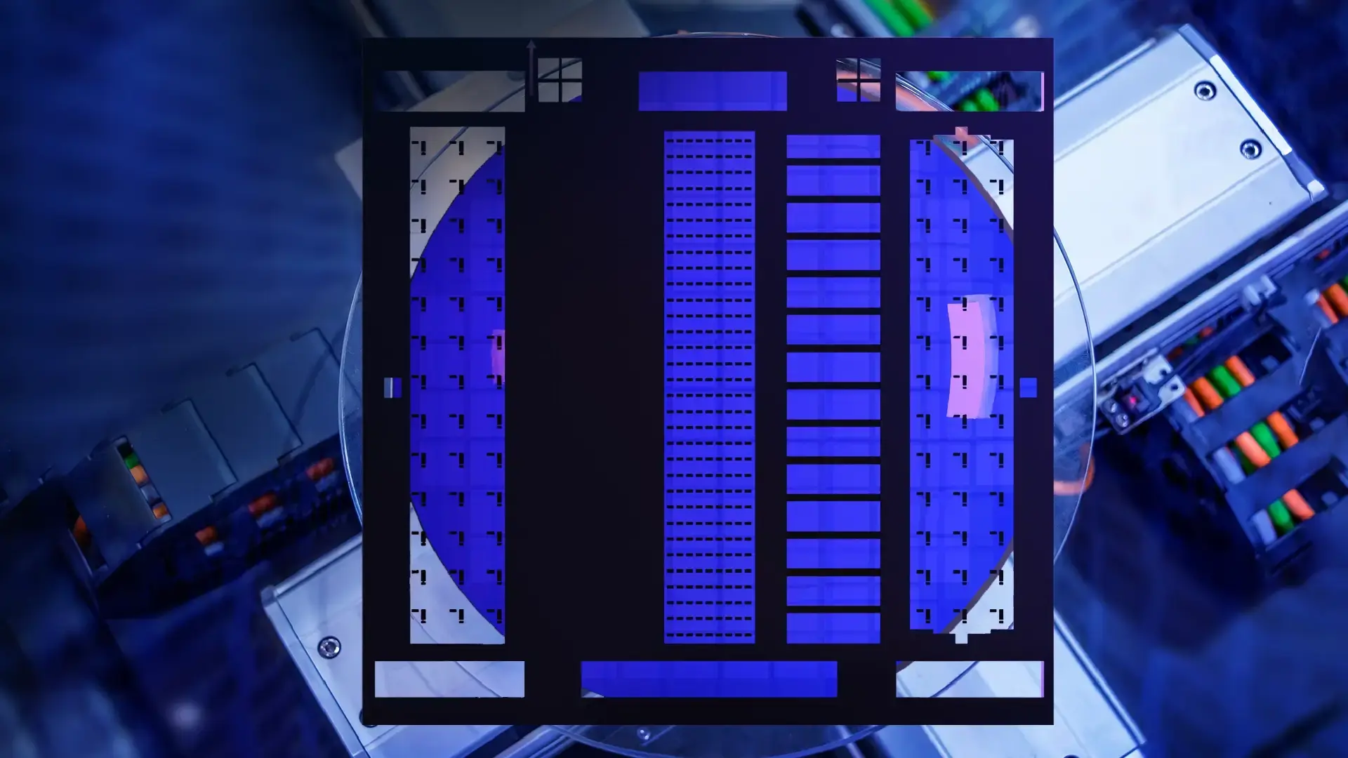Wafer for reticle management showing circular graphics and vertical bar indicators with numbers, set against an industrial background.