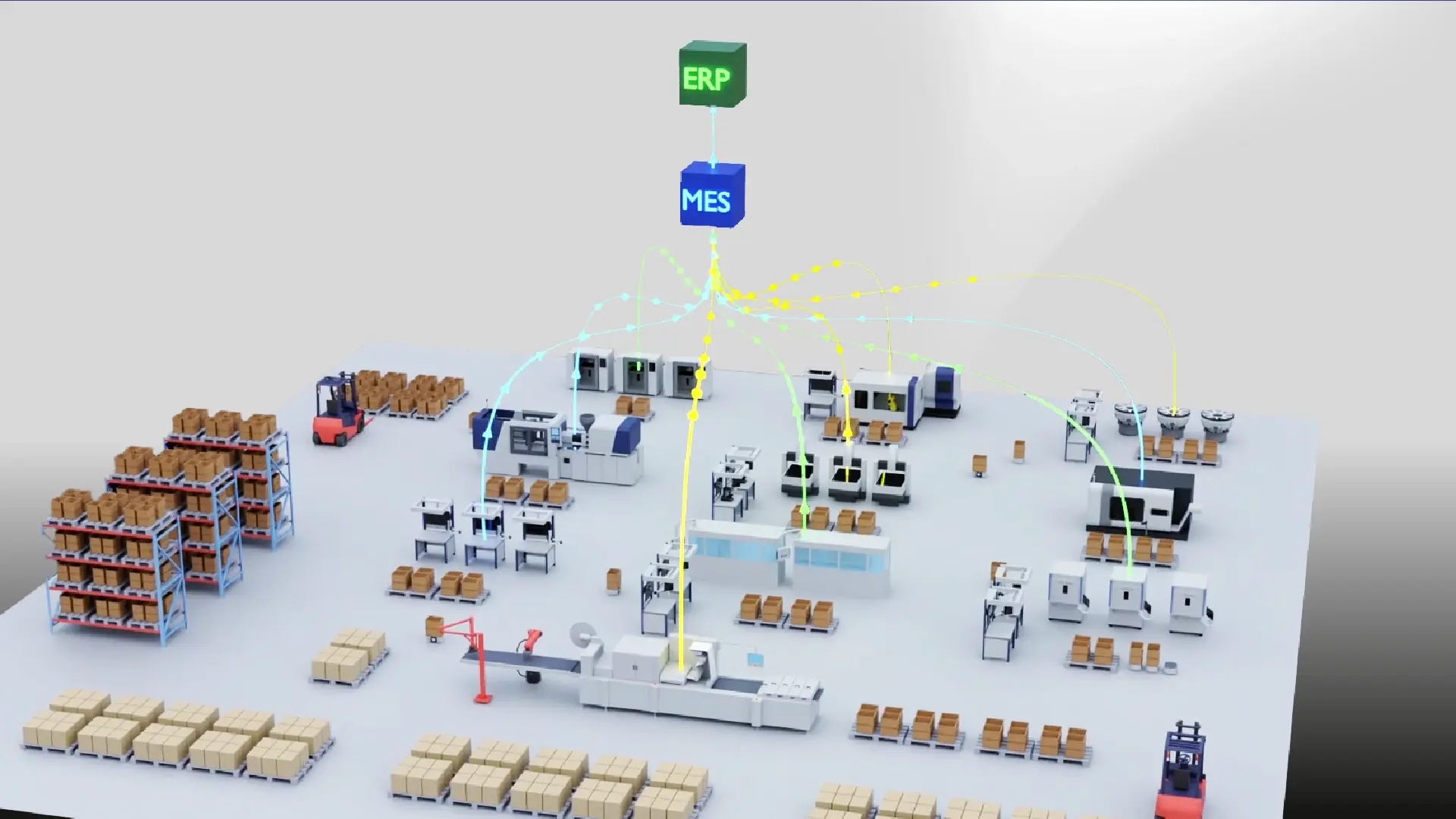 Work smarter video thumbnail titled Traceability and Compliance with Global Regulations in Medical Device Manufacturing with MES, featuring a miniature industrial model with conveyor belts, stacked goods, and ERP and MES labels, representing traceability and regulatory compliance.